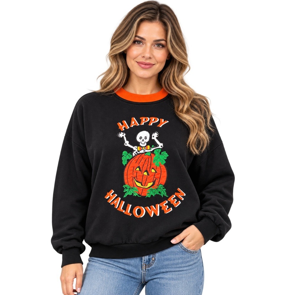 Basic Editions Womens Sweatshirt Halloween Skeleton Pumpkin Black Sz XL